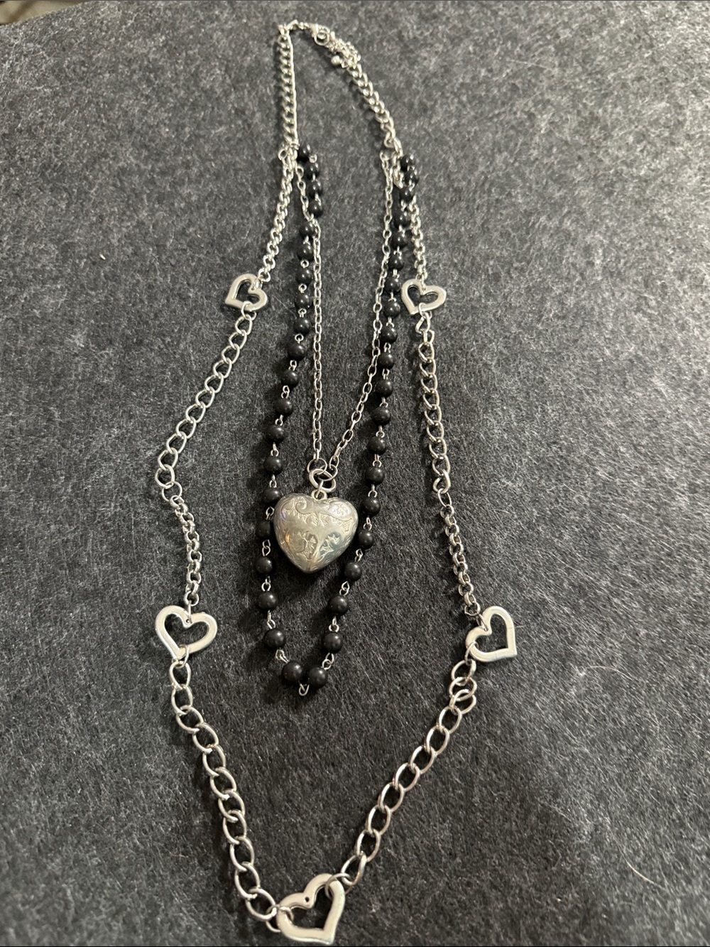 Layered Silver & Black Heart Pendant Necklace